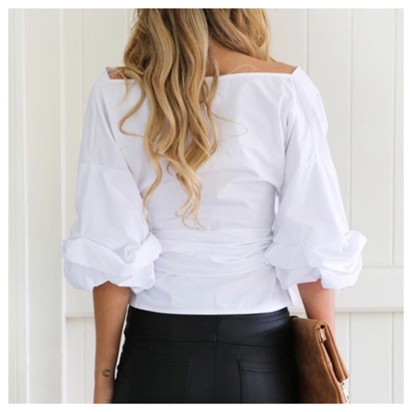 ‼️PRICE FIRM LAST CALL White Puff Sleeve Wrap Top - Picture 4 of 7